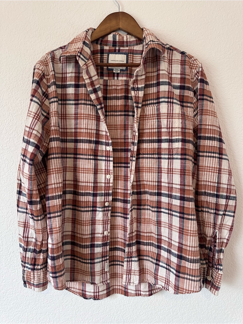 American Eagle Outfitters Tan and Cream Plaid Button-Down Shirt